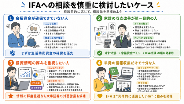 「IFAへの相談を慎重に検討したいケース」の図。余裕資金が確保できていない人、家計の収支改善が第一目的の人、投資情報の厚みを重視したい人、単発の情報収集だけで十分な人の4つを挙げ、相談目的に応じて相談先を見極めるよう示す。
